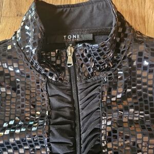 Toni Morgan Shimmery Black FullZip 3/4 Sleeve Stretch Jacket Womens Size Medium